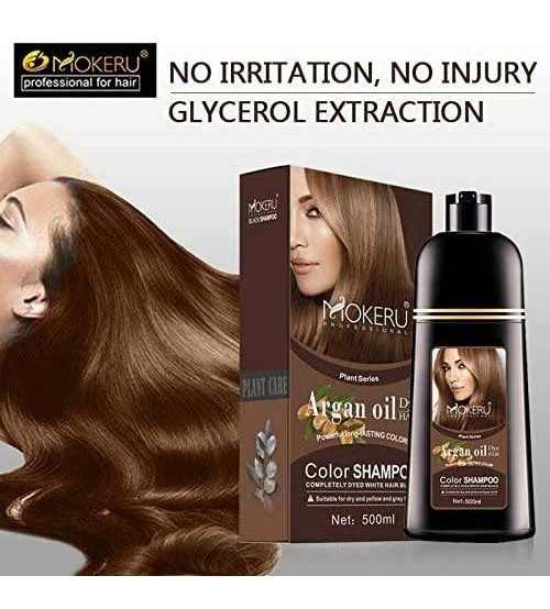 Mokeru Natural Argan Oil Essence Instant Dark Brown Hair Dye Shampoo Permanent 500ml